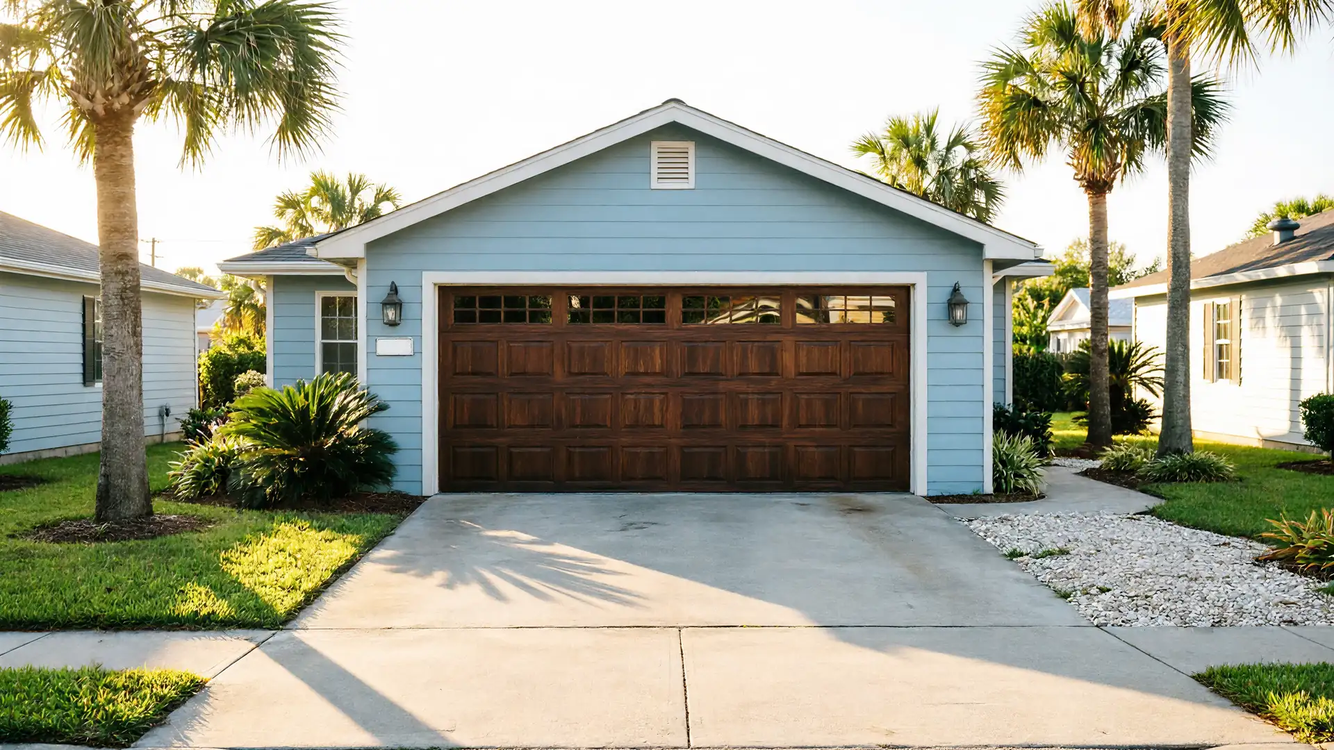 The house has light blue siding, a brown garage door, and palm trees.