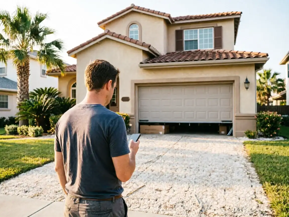 A man stands in a driveway looking at his phone, with a partially open garage door behind him.