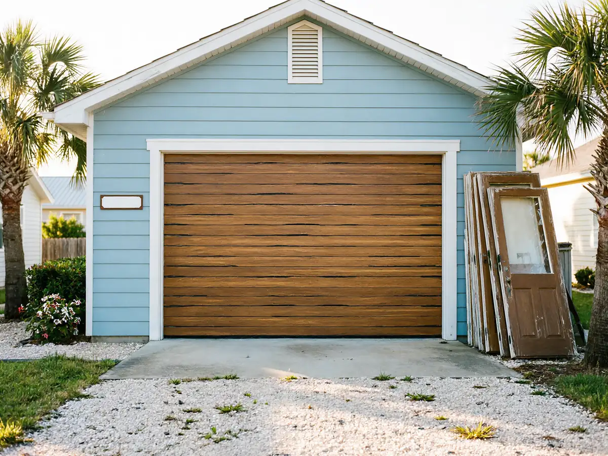 A light blue house has a brown wooden garage door and old doors stacked outside.