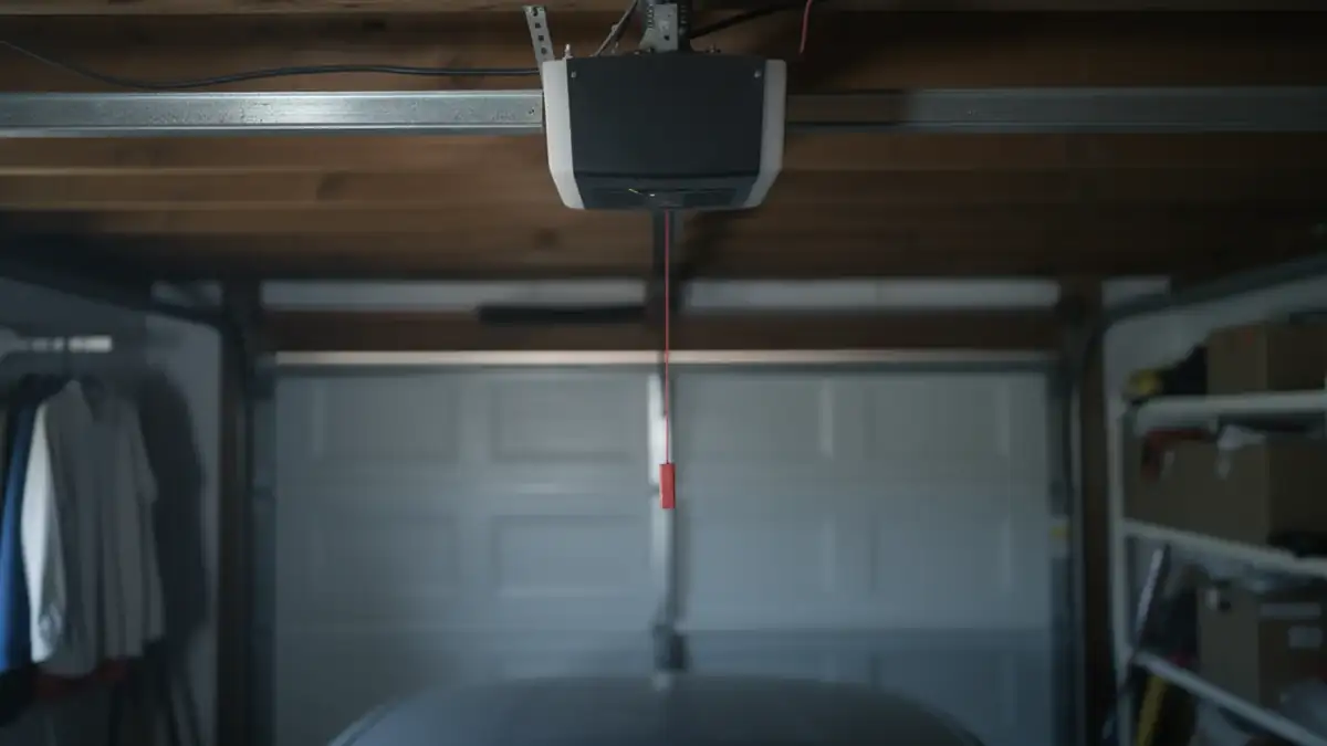 A garage door opener is mounted to the ceiling with a red emergency release cord.