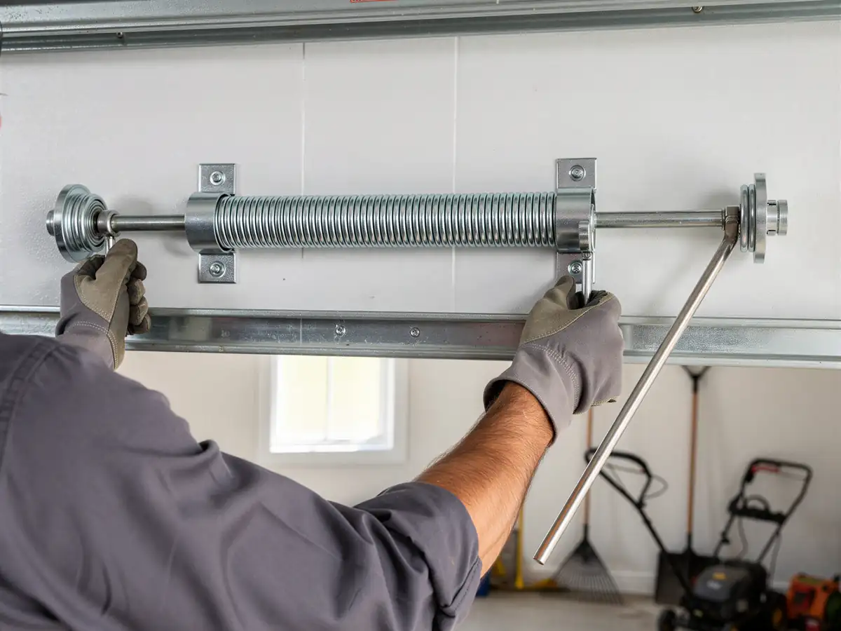 A technician adjusts a garage door torsion spring with a winding bar.